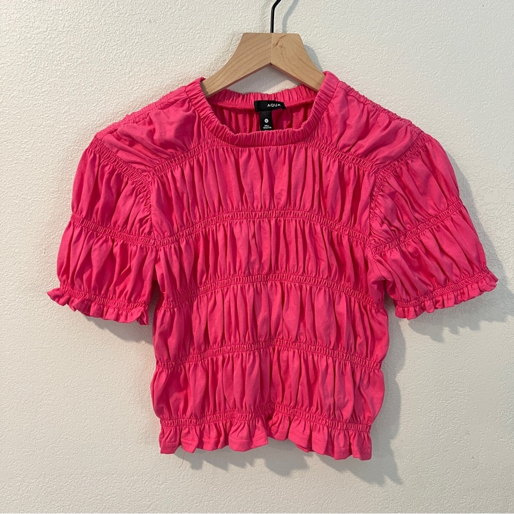 Aqua Pink Puff Sleeve Stretch Smocked Top Ruffle Trim Size S